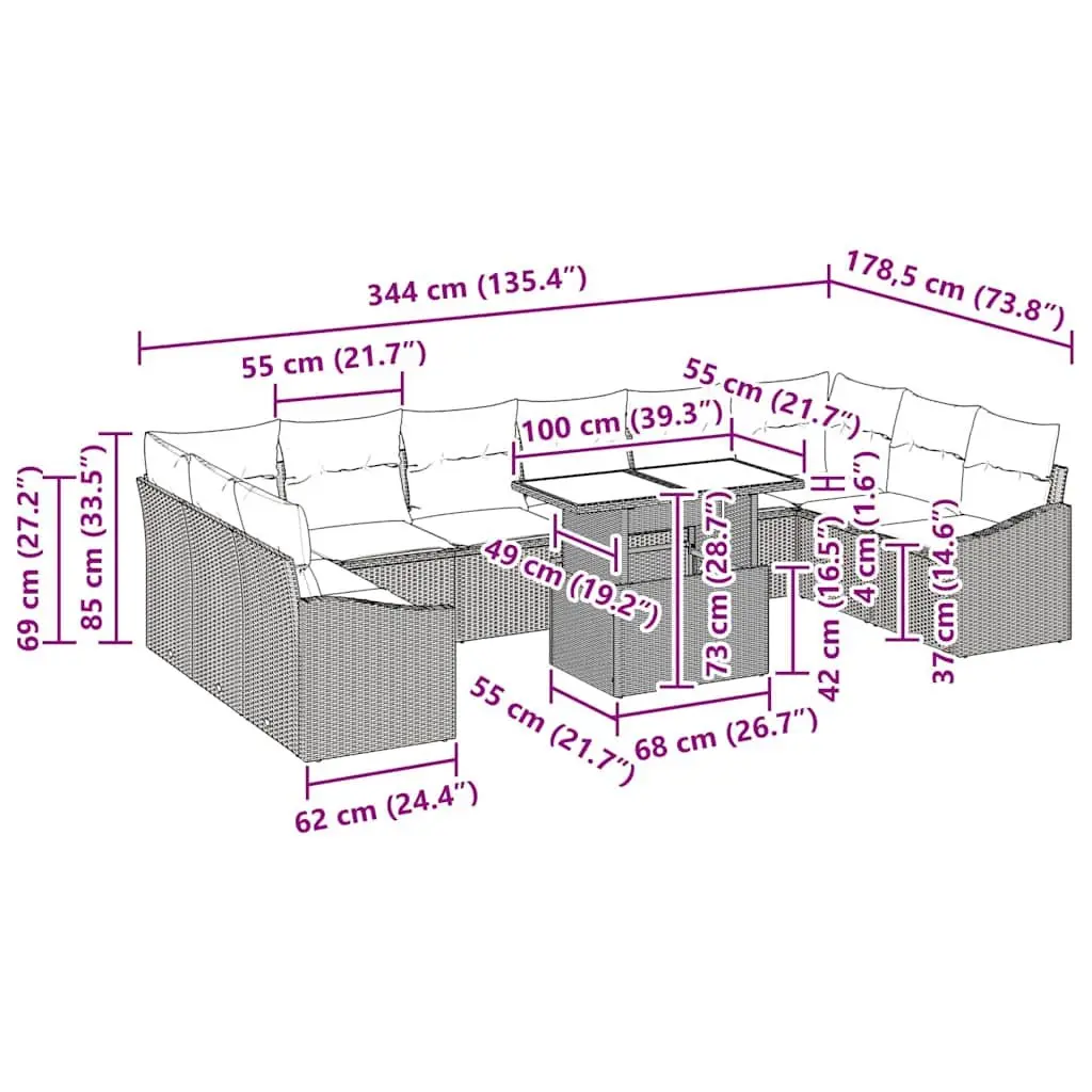 Outdoor Sofa Set 11 Pieces Grey Poly Rattan Garden Furniture Adjustable Height Table
