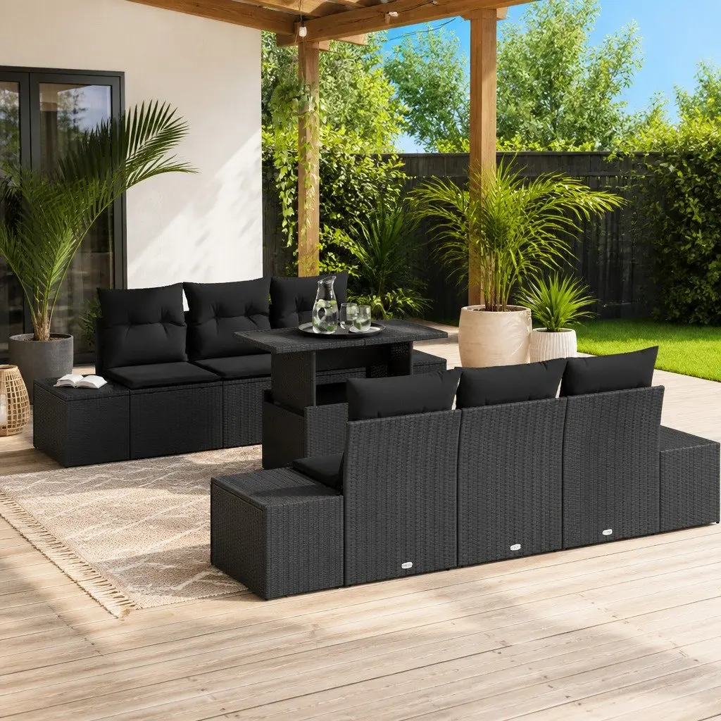 ModularOutdoorSofaSet7PiecesBlackPolyRattanAdjustableHeightTable