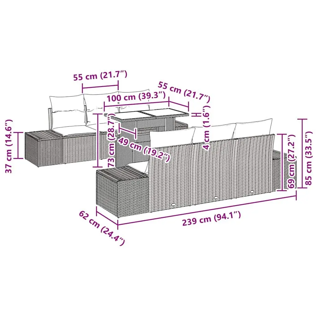 ModularOutdoorSofaSet7PiecesBlackPolyRattanAdjustableHeightTable