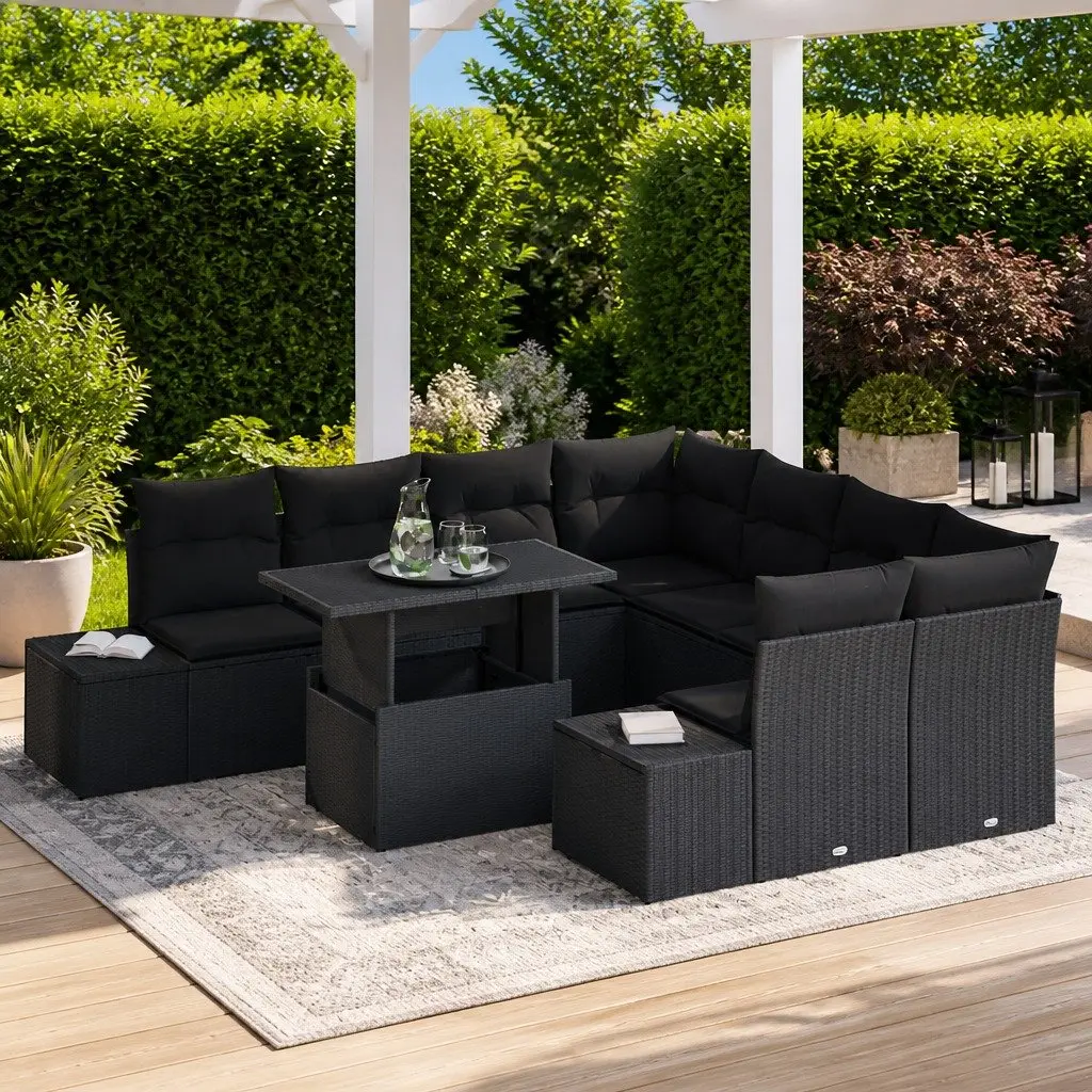 Modular Outdoor Garden Sofa Set 9 Pieces Black Poly Rattan Patio Seating with