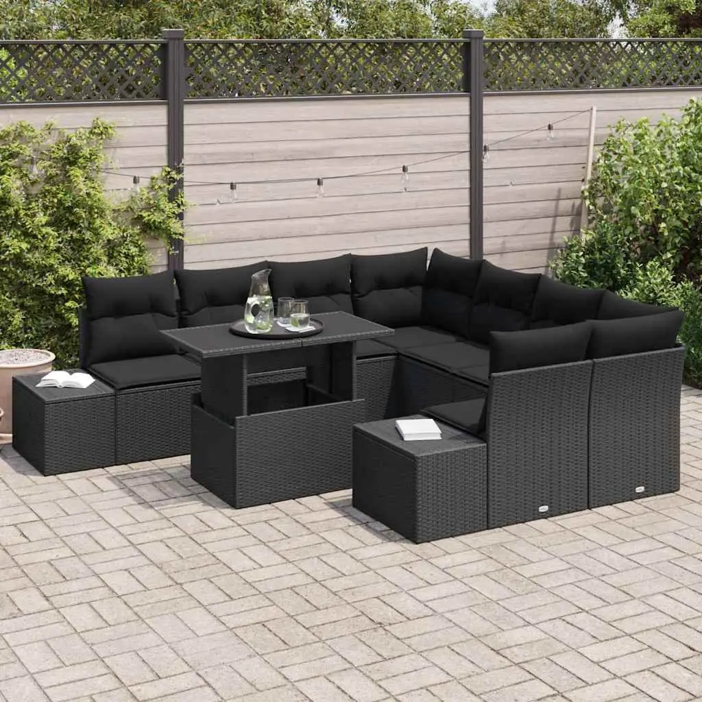 Modular Outdoor Garden Sofa Set 9 Pieces Black Poly Rattan Patio Seating with