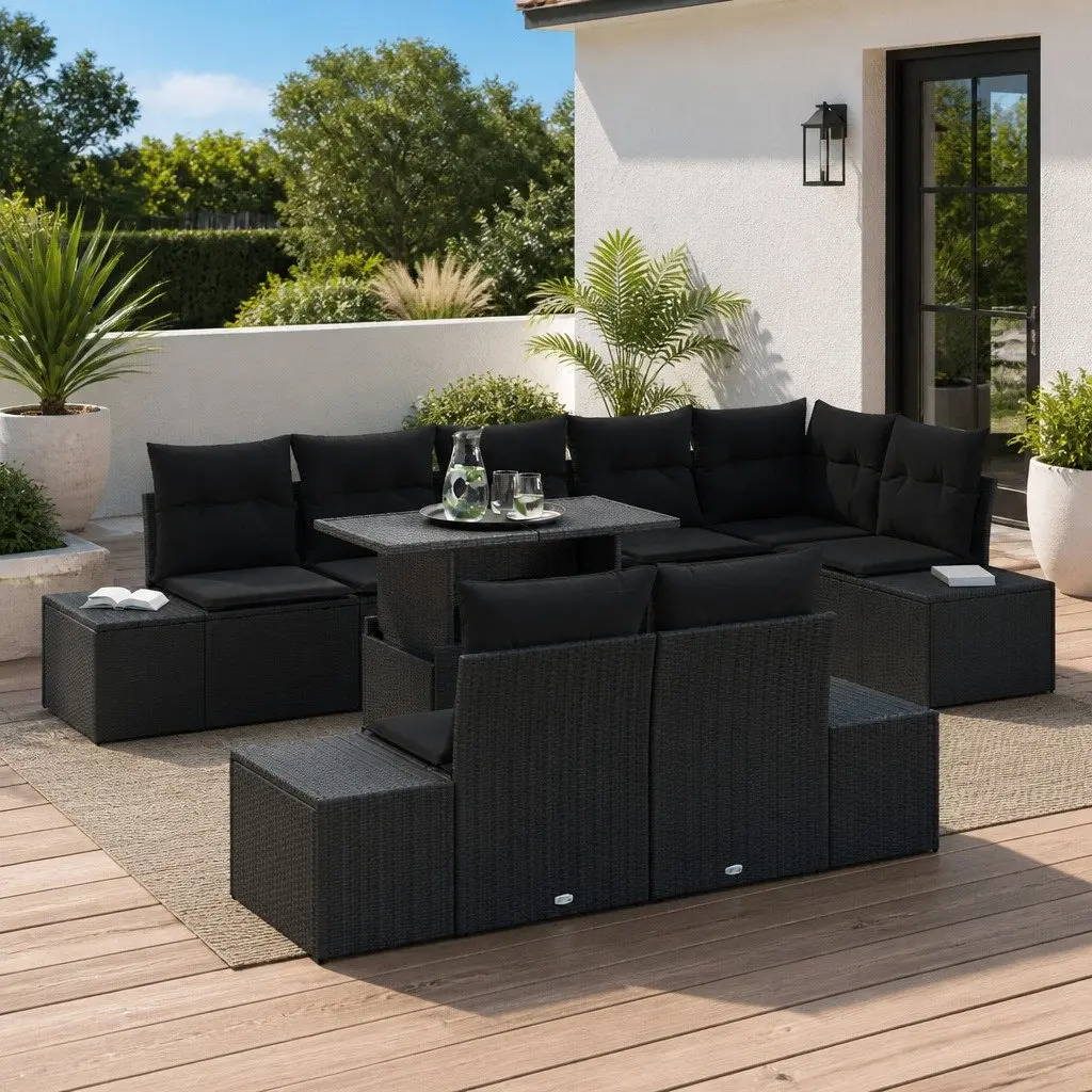 Modular Garden Sofa Set 9 Pieces Outdoor Seating Black Poly Rattan