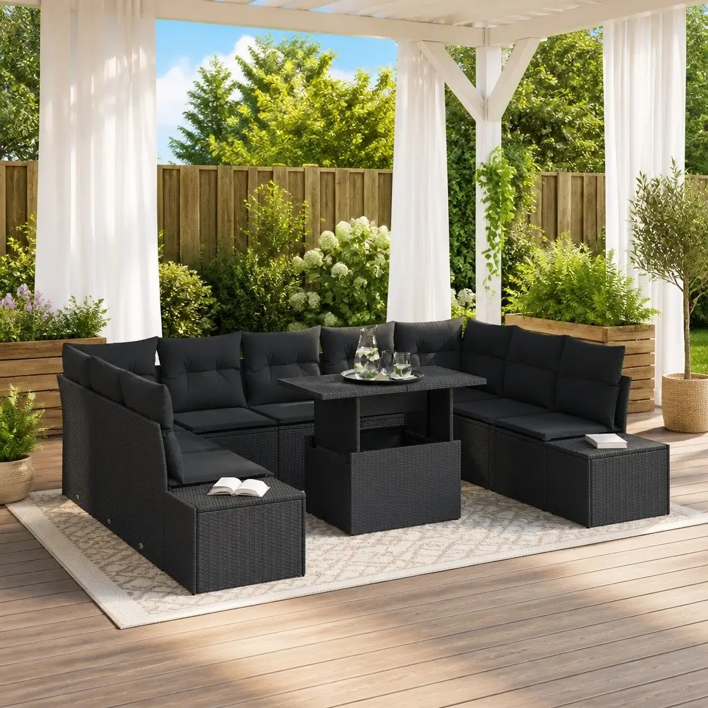 Modular Garden Sofa Set 10 Piece Outdoor Seating Black with Height Adjustable Glass Table