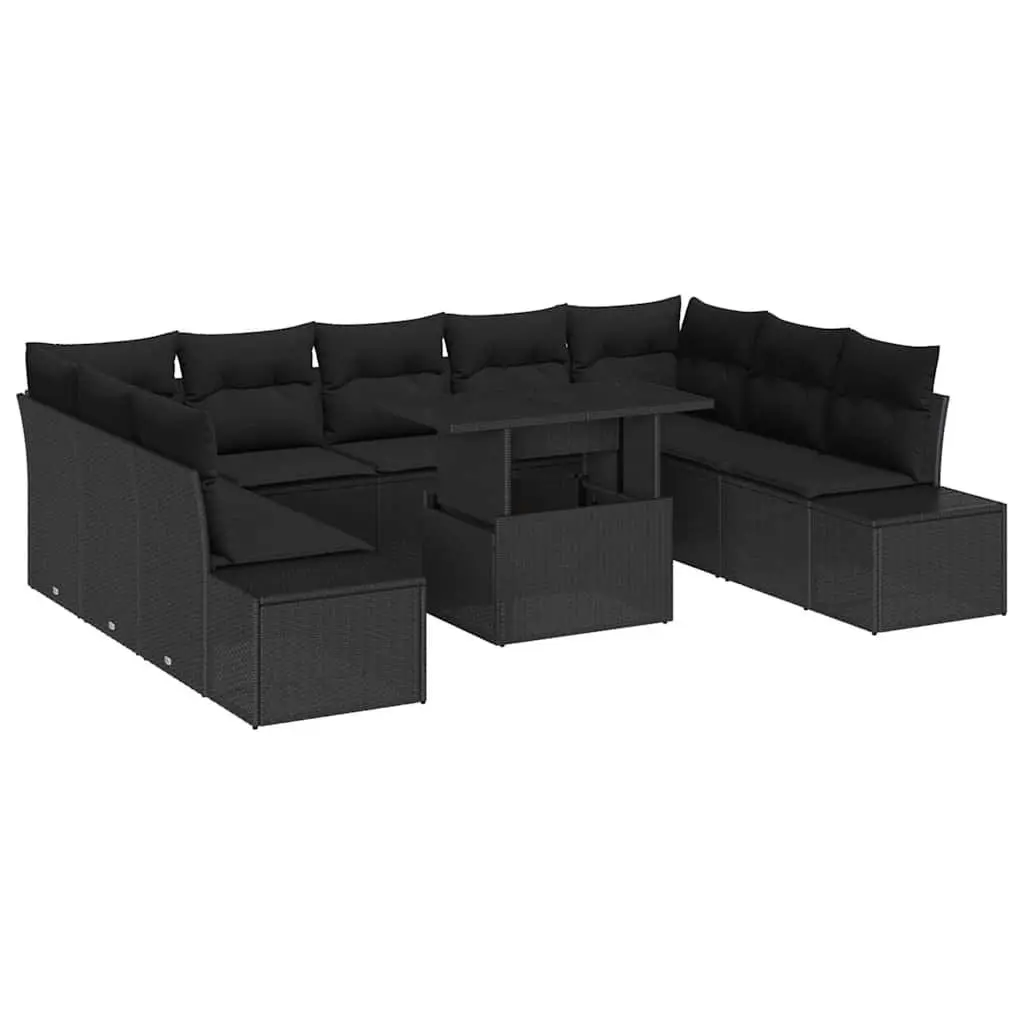 Modular Garden Sofa Set 10 Piece Outdoor Seating Black with Height Adjustable Glass Table