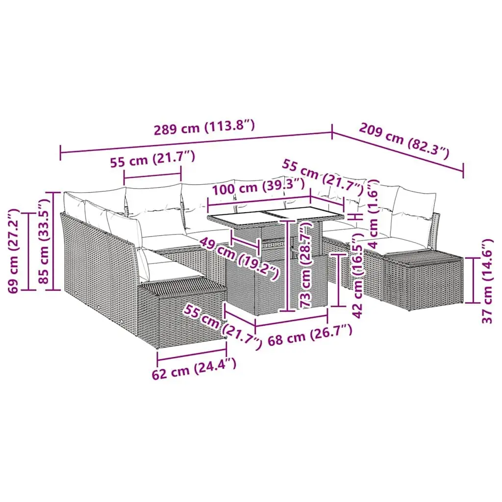 Modular Garden Sofa Set 10 Piece Outdoor Seating Black with Height Adjustable Glass Table