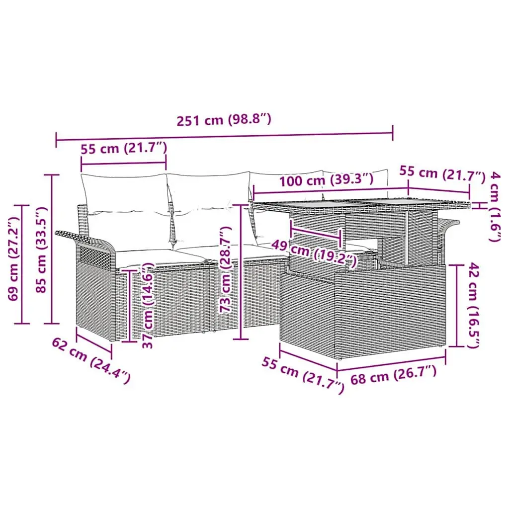 Garden Sofa Set 5pcs Black Poly Rattan Outdoor Modular Lounge with Table