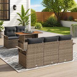 Garden Sofa Set 6 pcs Modular Outdoor Seating Grey Poly Rattan Acacia Wood