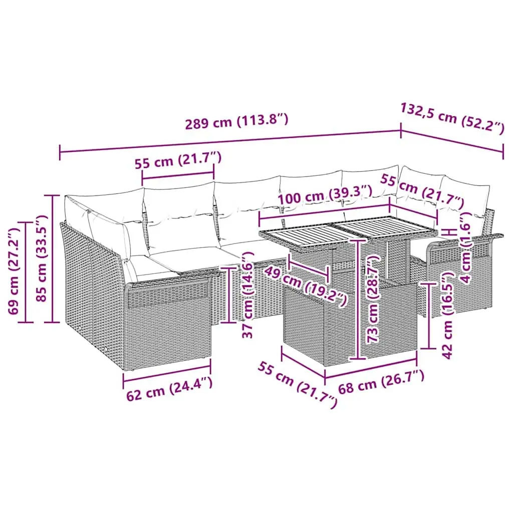 Outdoor Seating Sofa Set 8 Piece Grey Cushioned Poly Rattan Patio Furniture