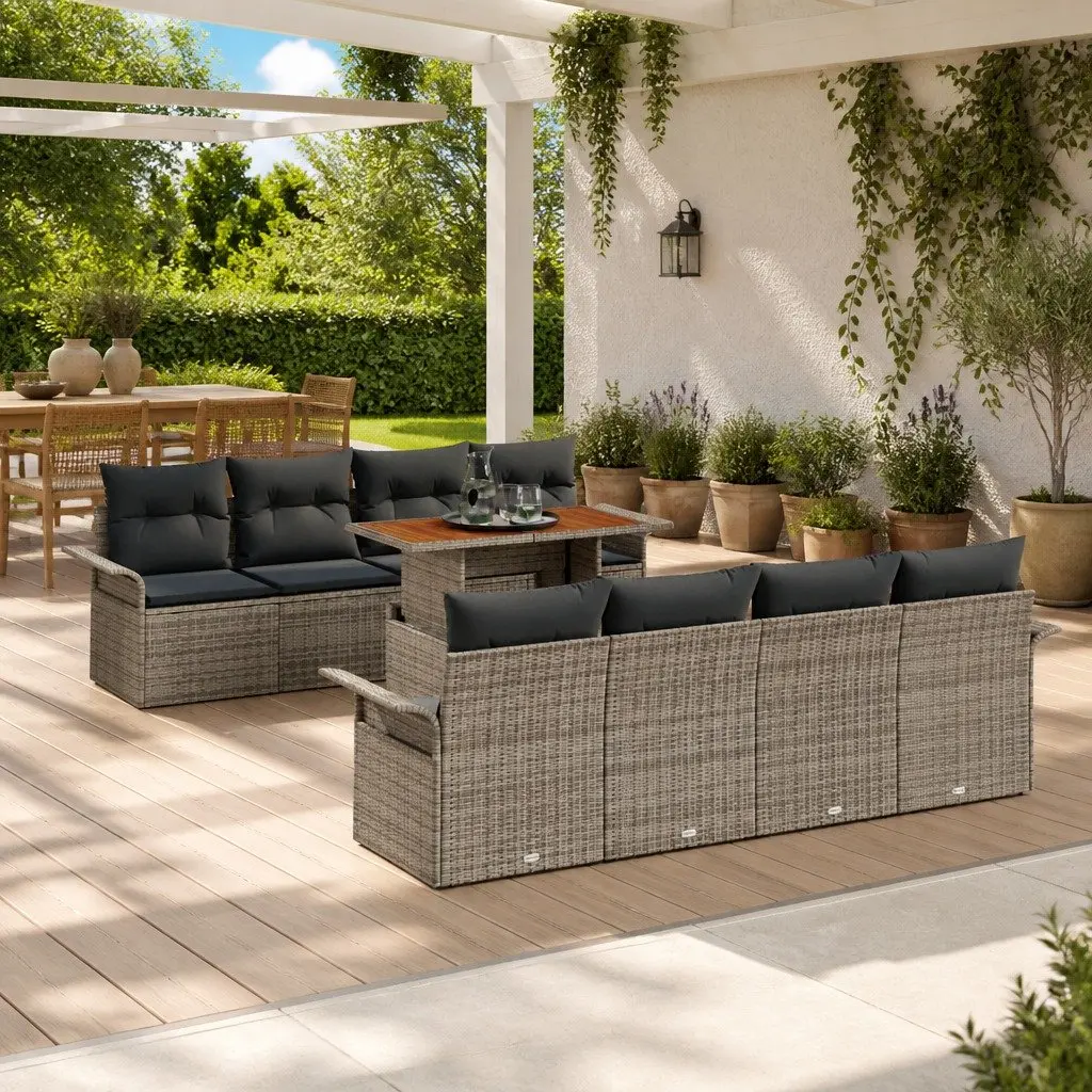 Outdoor Garden Sofa Set Modular Seating 7 Pieces Grey Poly Rattan with Acacia Wood Table