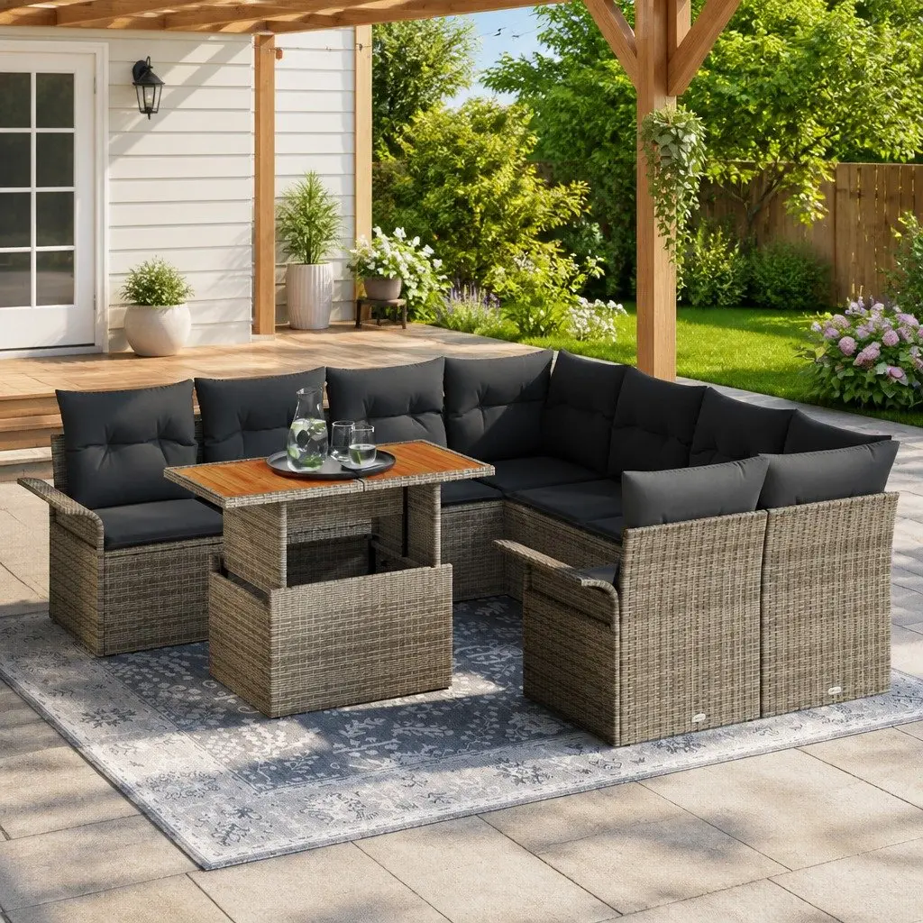 Garden Sofa Set with Cushions Outdoor Seating Grey Poly Rattan Patio Furniture