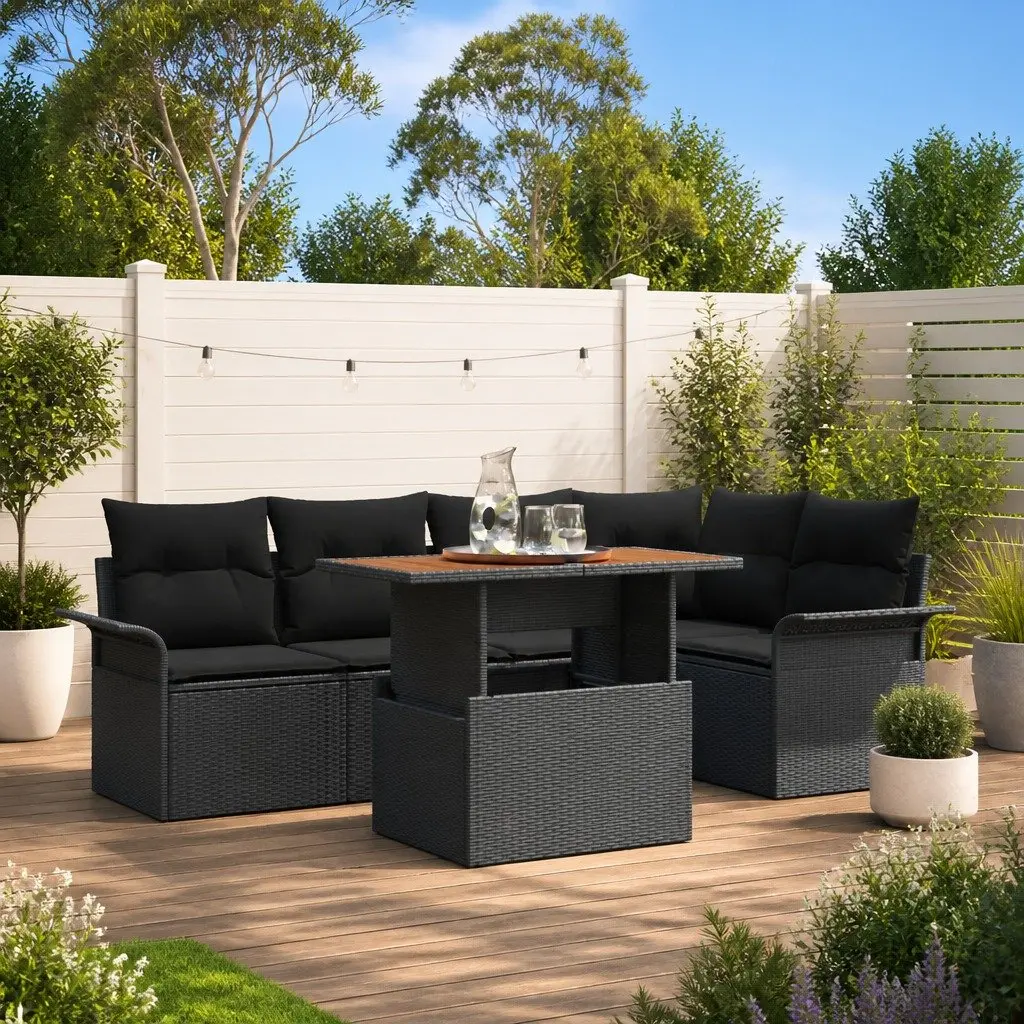Outdoor Lounge Furniture Set 6 Piece Black Woven Rattan Sofa with Cushions for Garden and Patio