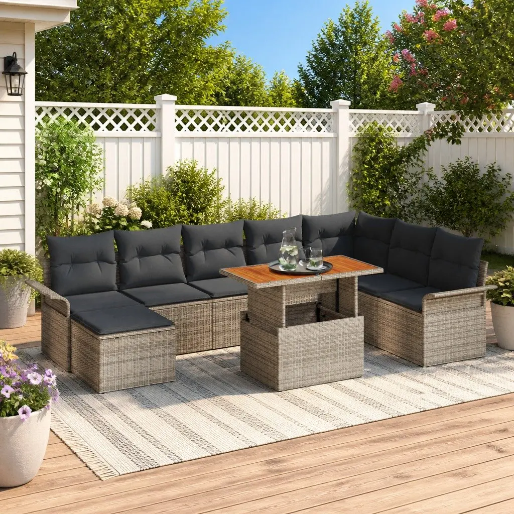 9 Piece Grey Poly Rattan Steel Frame Outdoor Garden Sofa Set for Relaxation and Dining