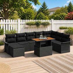Outdoor Garden Sofa Set 9 Pieces Black Poly Rattan Steel Frame Modular Seating
