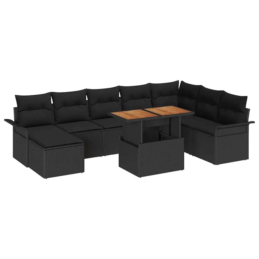 Outdoor Garden Sofa Set Modular Seating 9 Pieces Black Poly Rattan Steel Frame