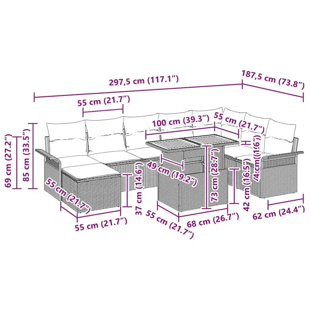 Outdoor Garden Sofa Set Modular Seating 9 Pieces Black Poly Rattan Steel Frame