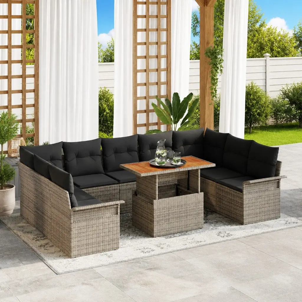 Garden Sofa Set 10 Pieces Grey Outdoor Seating Poly Rattan Steel Frame with