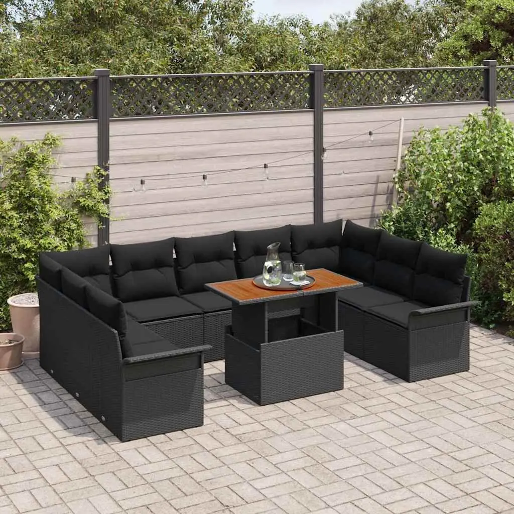 Outdoor Seating Set 10 Piece Black Rattan Sofa with Cushions and Acacia Wood Table