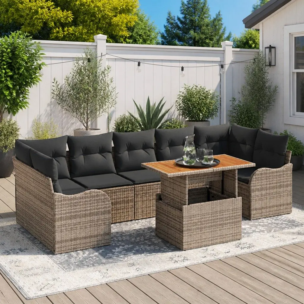 Outdoor Garden Sofa Set Modular 8 Pieces Grey Poly Rattan Acacia Wood Furniture