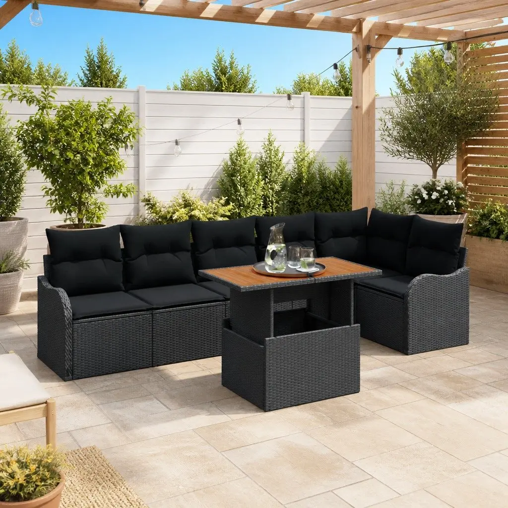 Outdoor Garden Sofa Set 7 Pieces Poly Rattan Sectional Black with Cushions