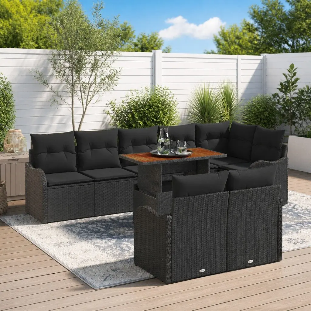 9 Piece Black Garden Sofa Set Poly Rattan Outdoor Seating with Cushions