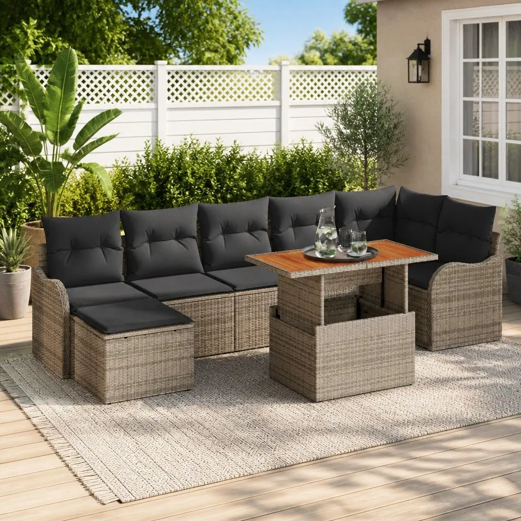 Outdoor Seating Set 8 Pieces Garden Sofa Poly Rattan with Cushions Storage Grey
