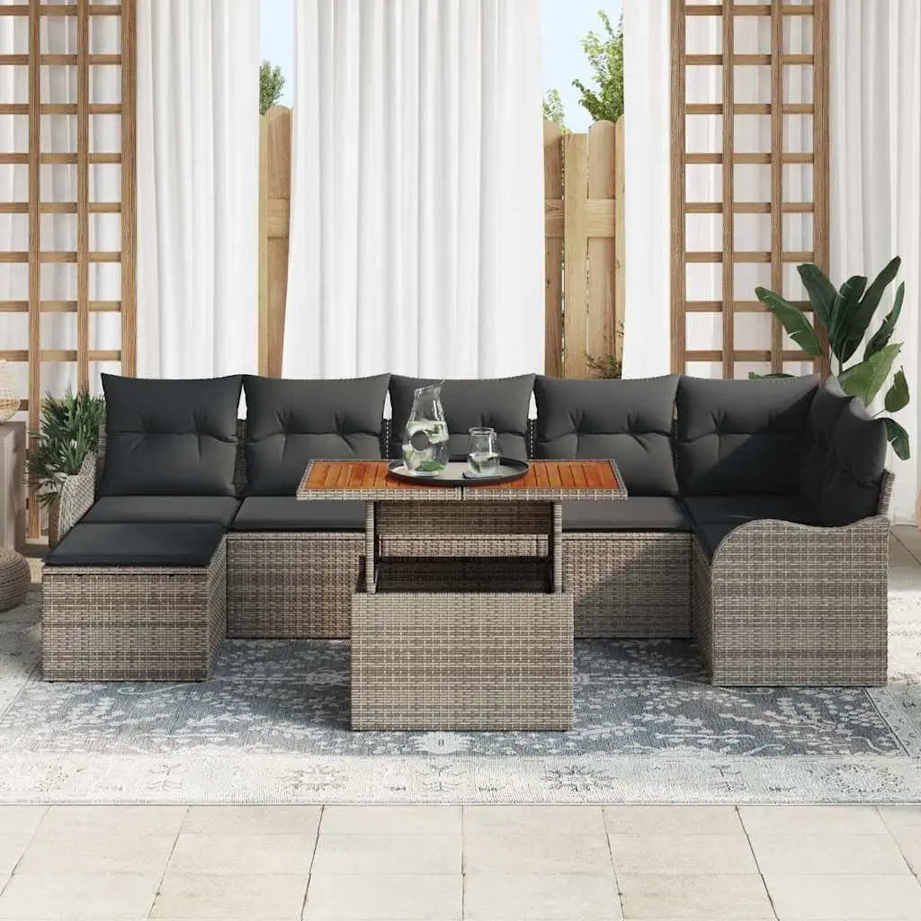 Outdoor Seating Set 8 Pieces Garden Sofa Poly Rattan with Cushions Storage Grey
