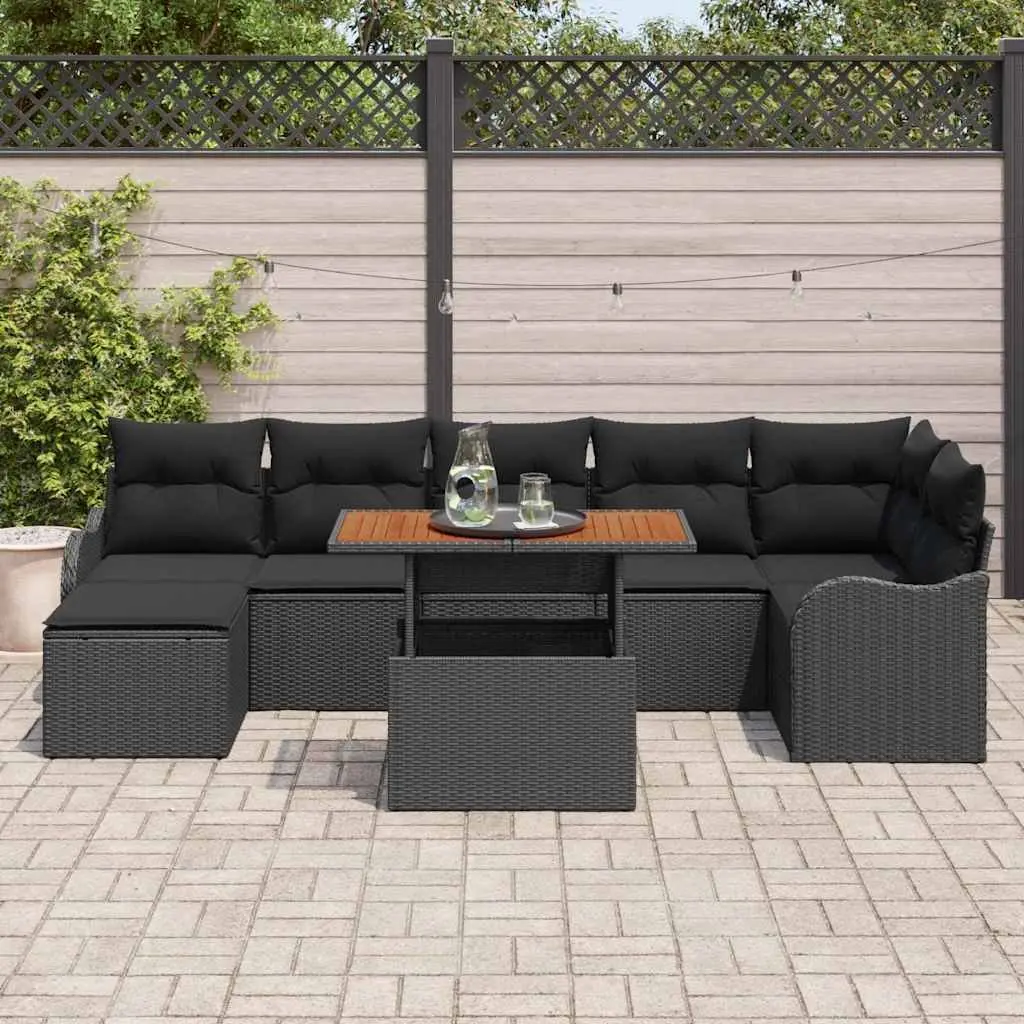 Garden Sofa Set 8 Pieces Black Outdoor Seating Poly Rattan with Storage Cushions