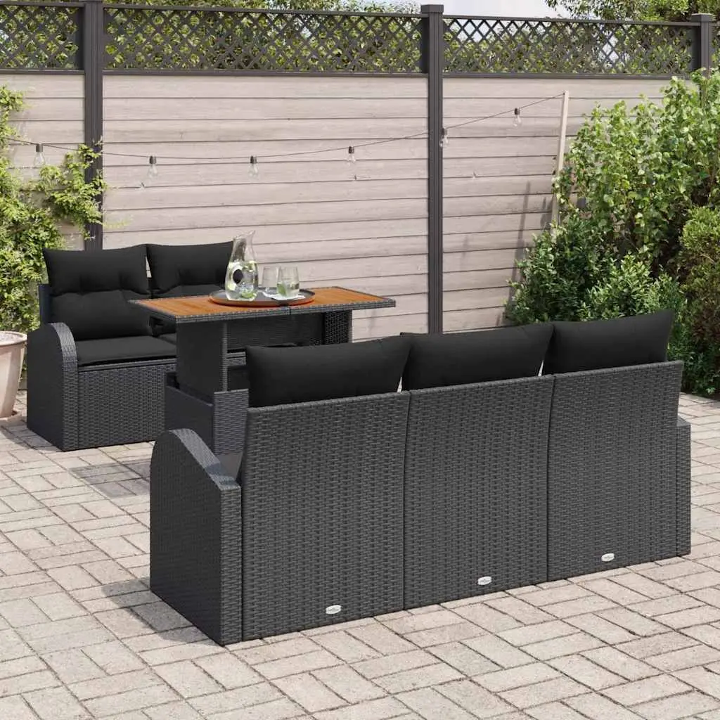 Outdoor Garden Sofa Set 6 Pieces Black Poly Rattan Patio Seating with Cushions