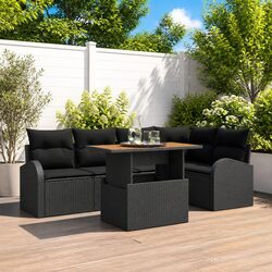Outdoor Garden Sofa Set 6 Pieces Black Woven Rattan Seating with Cushions Table