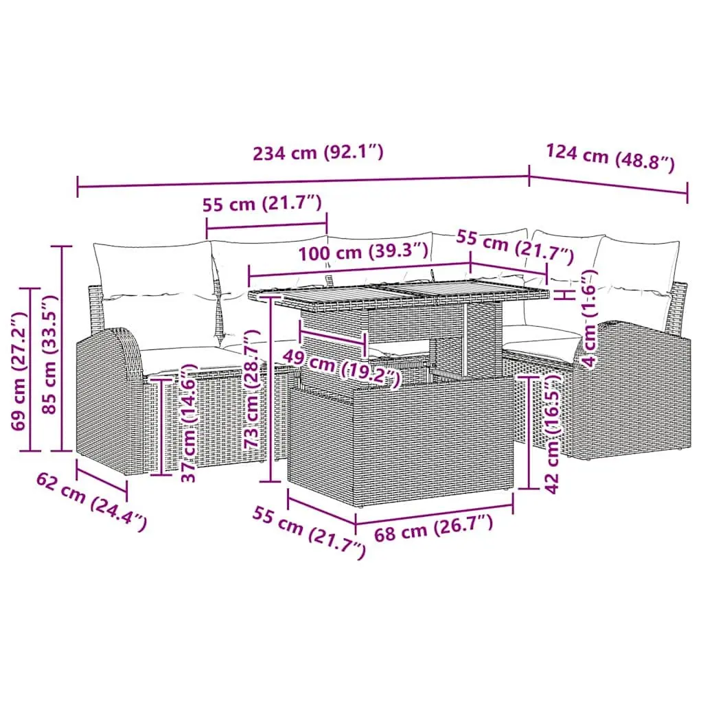 Outdoor Garden Sofa Set 6 Pieces Black Woven Rattan Seating with Cushions Table