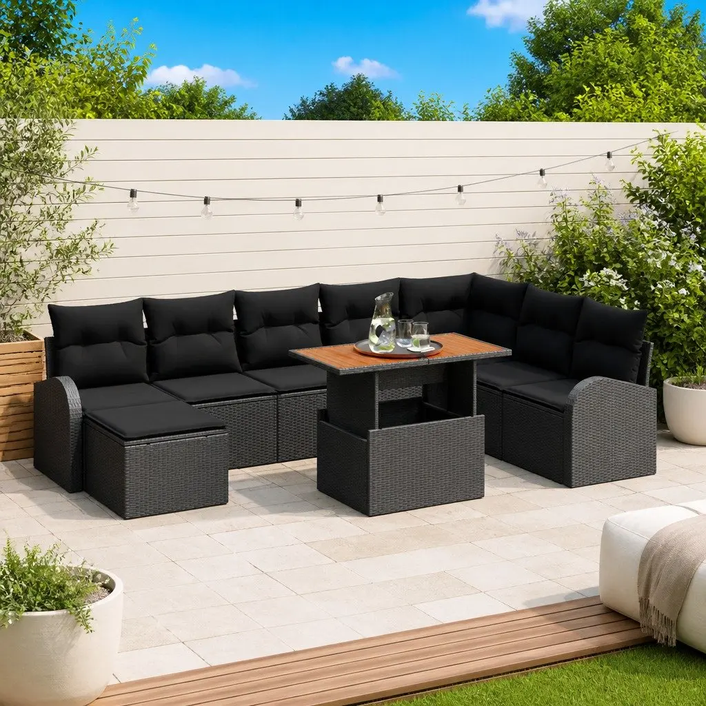 Outdoor Garden Sofa Set 9 Pieces Black Poly Rattan Steel Patio Seating Lounger