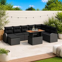 Outdoor Garden Sofa Set 9 Pieces Black Poly Rattan Steel Patio Seating Lounger