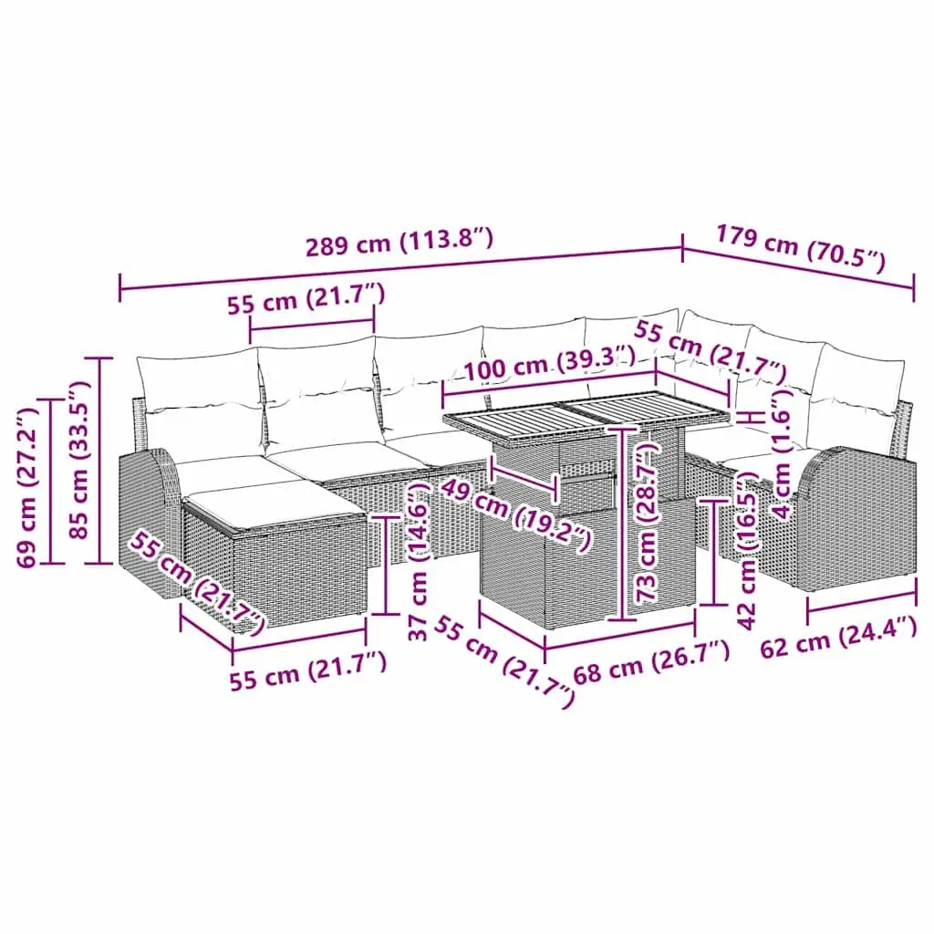 Outdoor Garden Sofa Set 9 Pieces Black Poly Rattan Steel Patio Seating Lounger