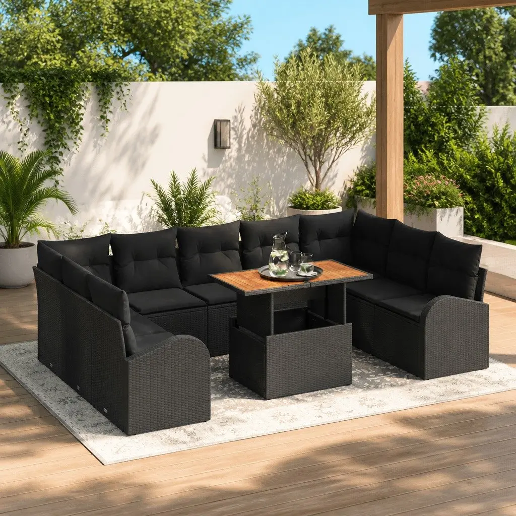 Garden Sofa Set Outdoor Seating 10 Pieces Black Poly Rattan Steel Frame Acacia Wood Tabletop