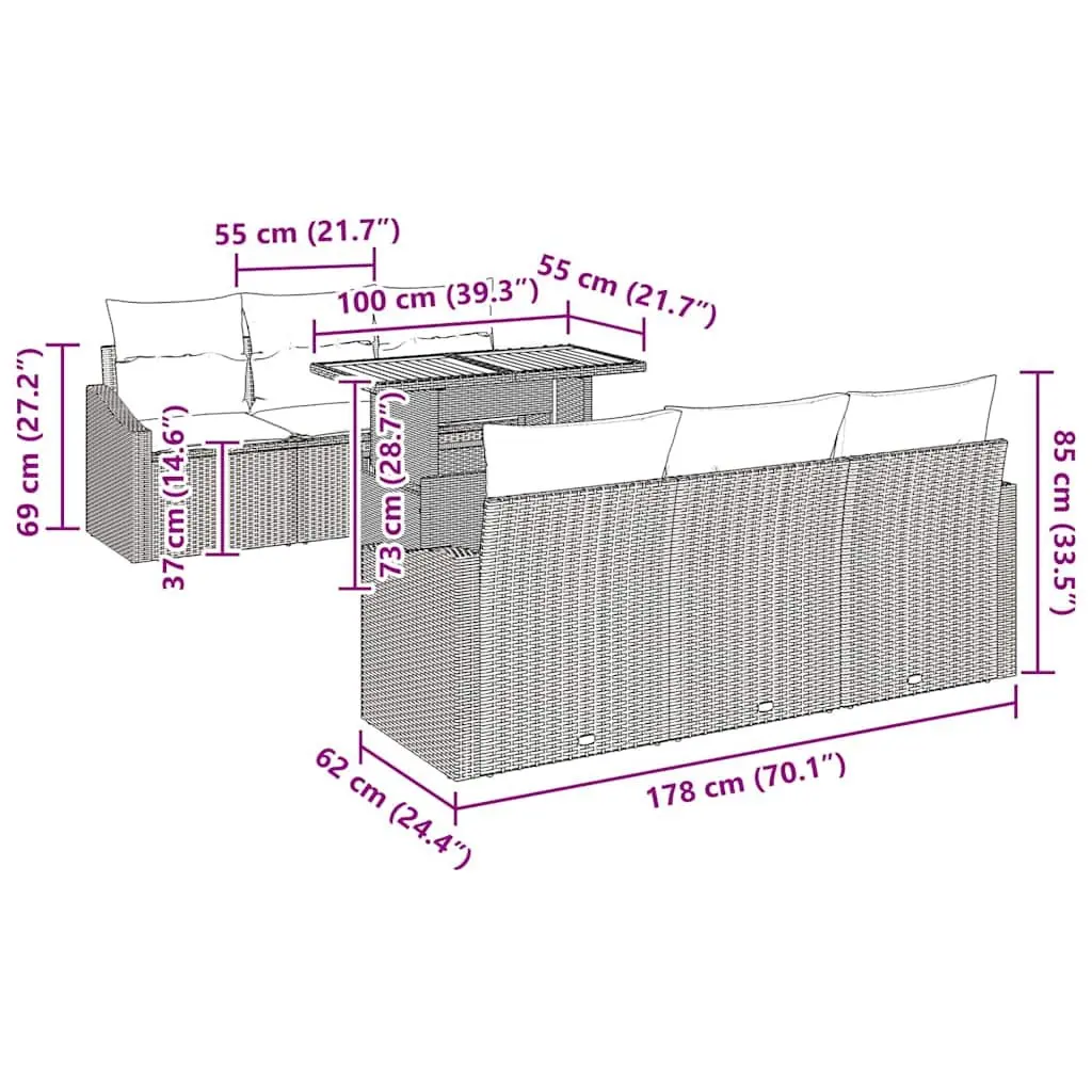 Outdoor Sofa Set Modular Seating 7 Piece Grey Brown Rattan Steel