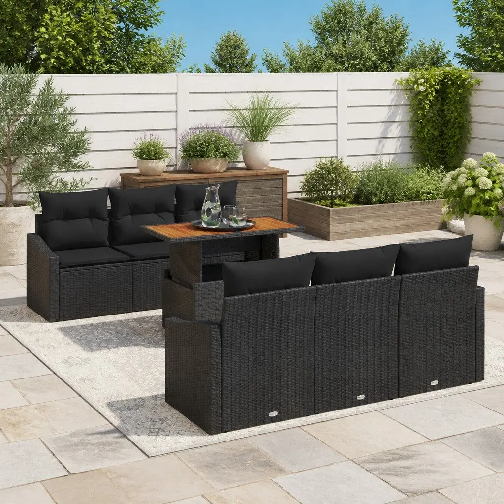 Modular Garden Sofa Set 7 Pieces Outdoor Seating Black Rattan Steel Frame