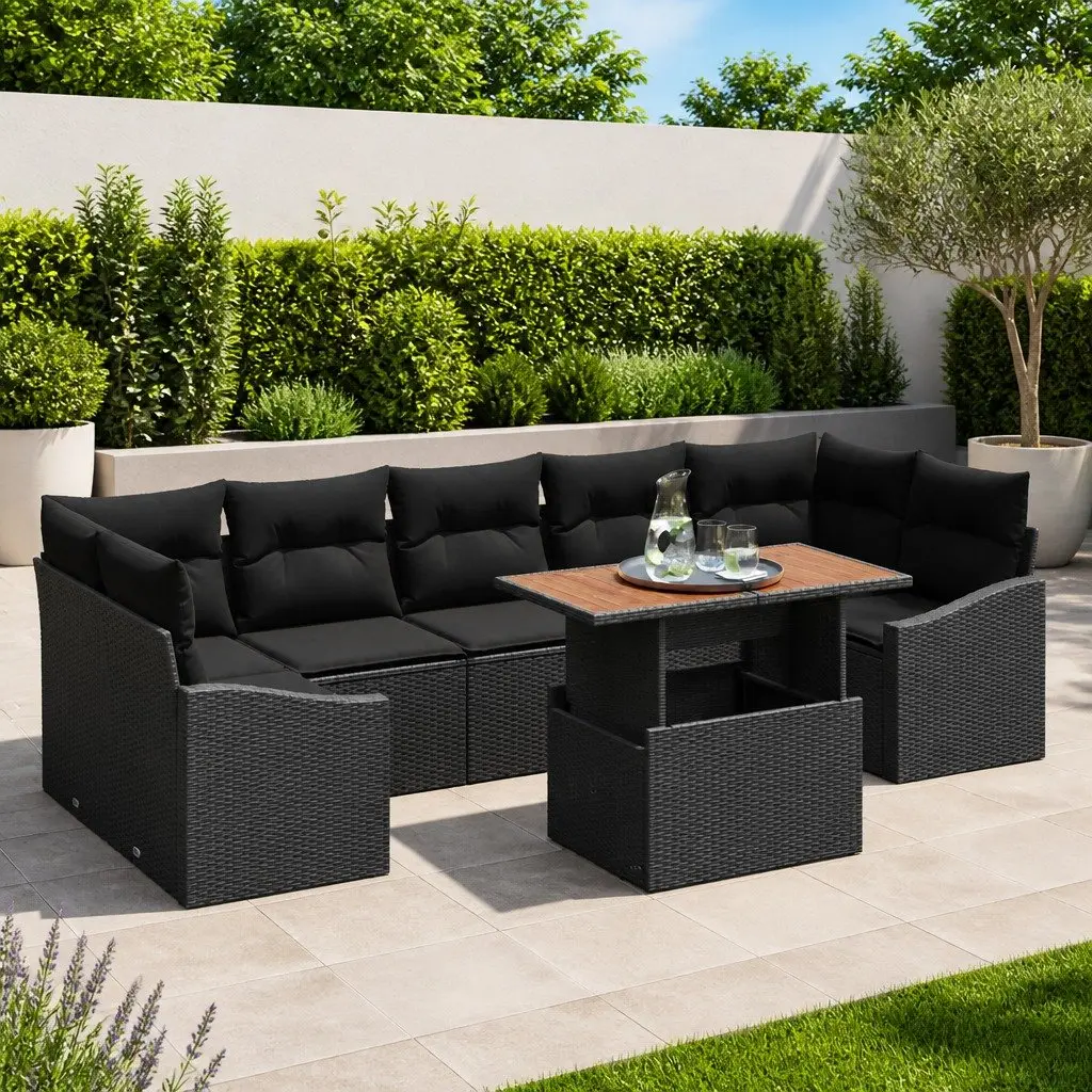 Outdoor Garden Sofa Set Modular Seating 8 Pieces Poly Rattan Acacia Wood Table Black Brown