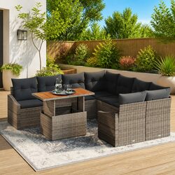 Outdoor Garden Sofa Set 9 Pieces Grey Poly Rattan Modular Seating with Storage
