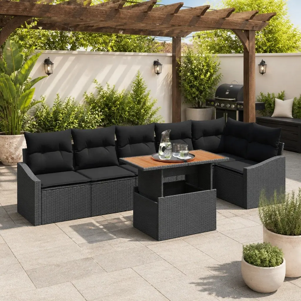 Outdoor Garden Sofa Set 7 Pieces Black Poly Rattan Modular Seating with Storage