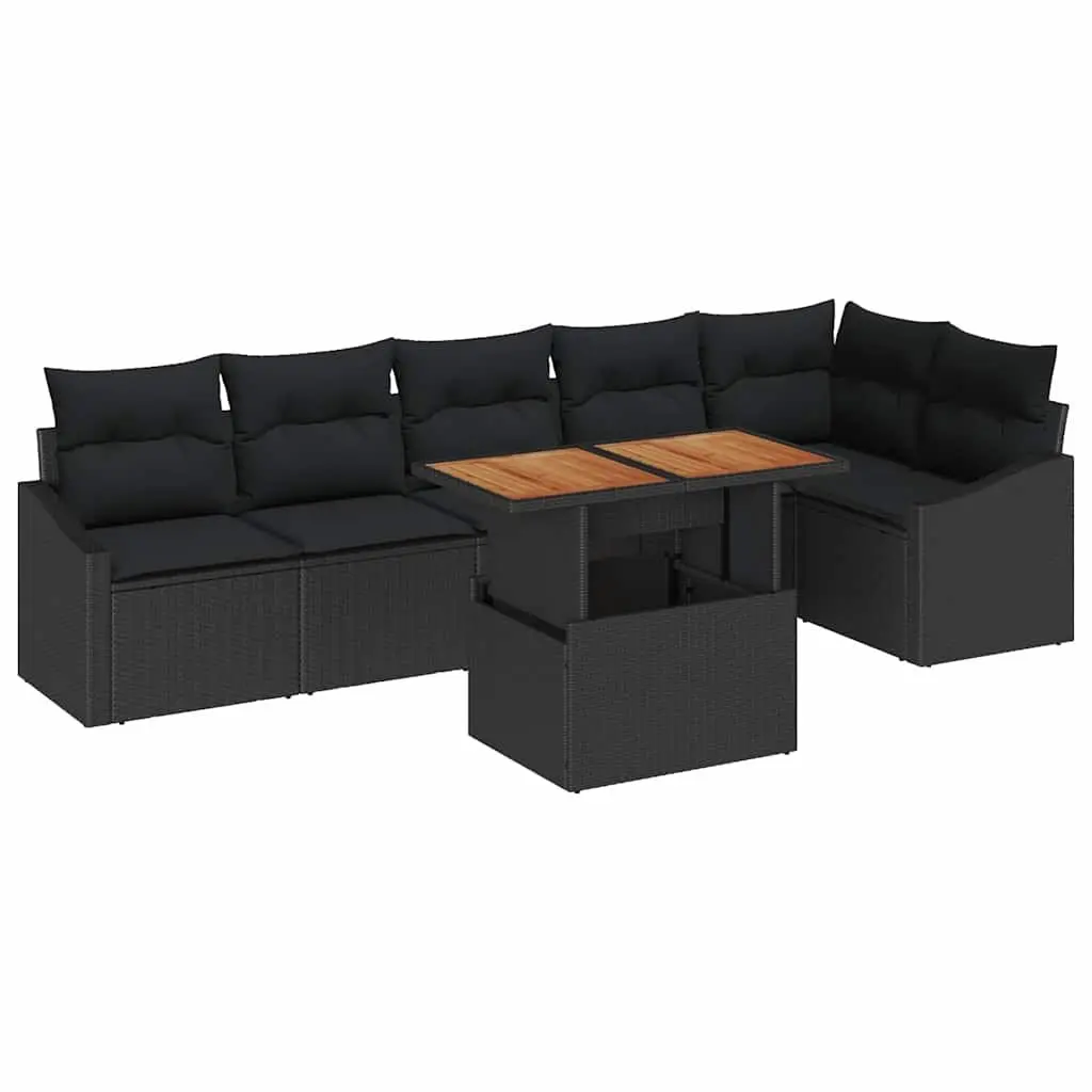 Outdoor Garden Sofa Set 7 Pieces Black Poly Rattan Modular Seating with Storage