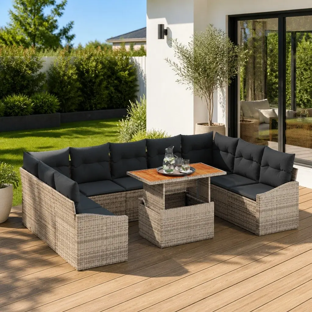 Garden Sofa Set 10 Pieces Rattan Grey Brown Outdoor Patio Dining Collection