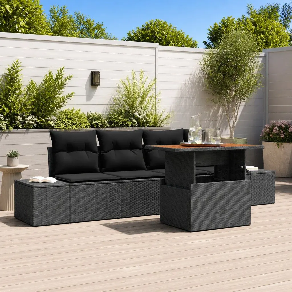 Garden Sofa Set 5 Piece Outdoor Modular Black Poly Rattan