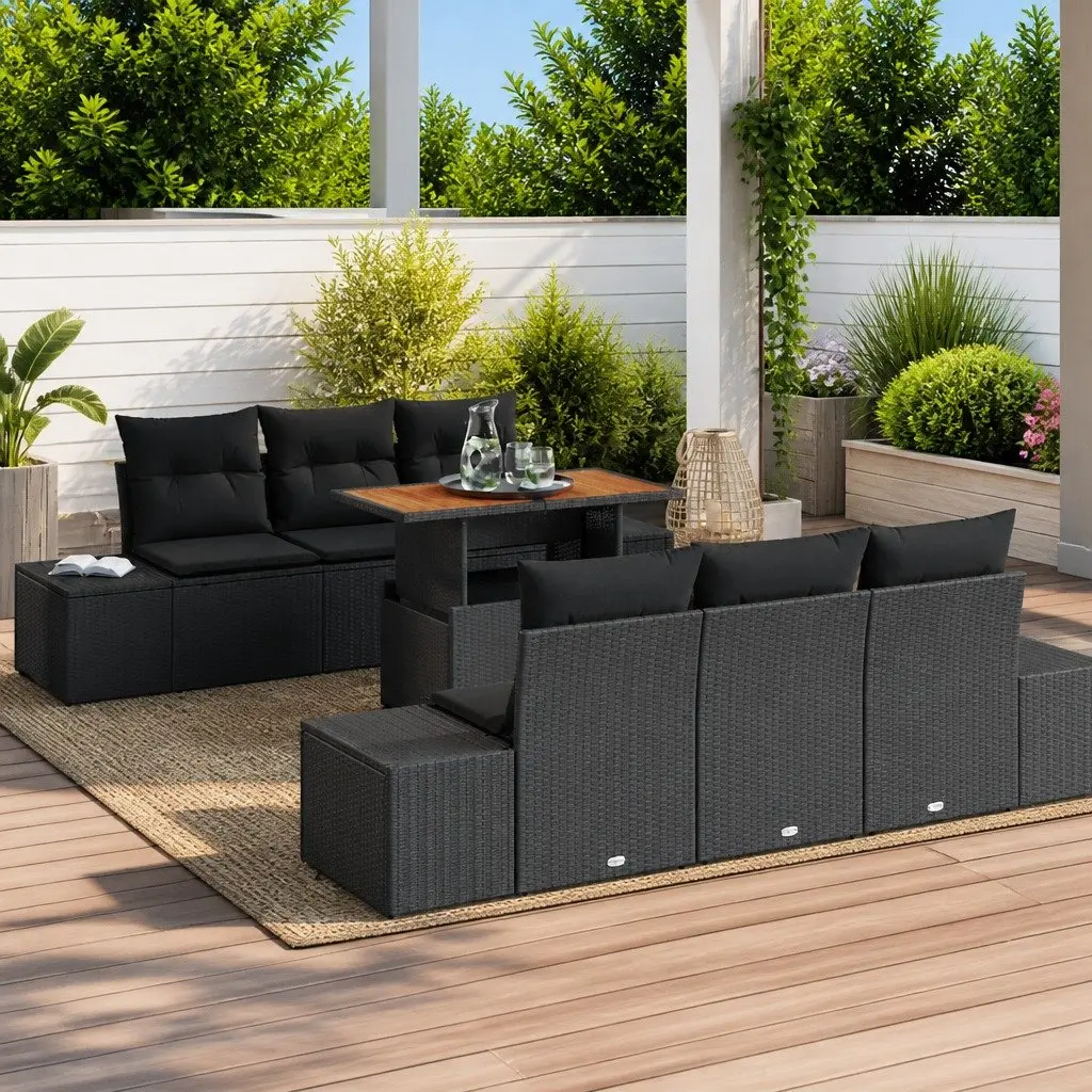 Garden Sofa Set 7 Pieces Black Poly Rattan Outdoor Dining Furniture for Patio and Terrace