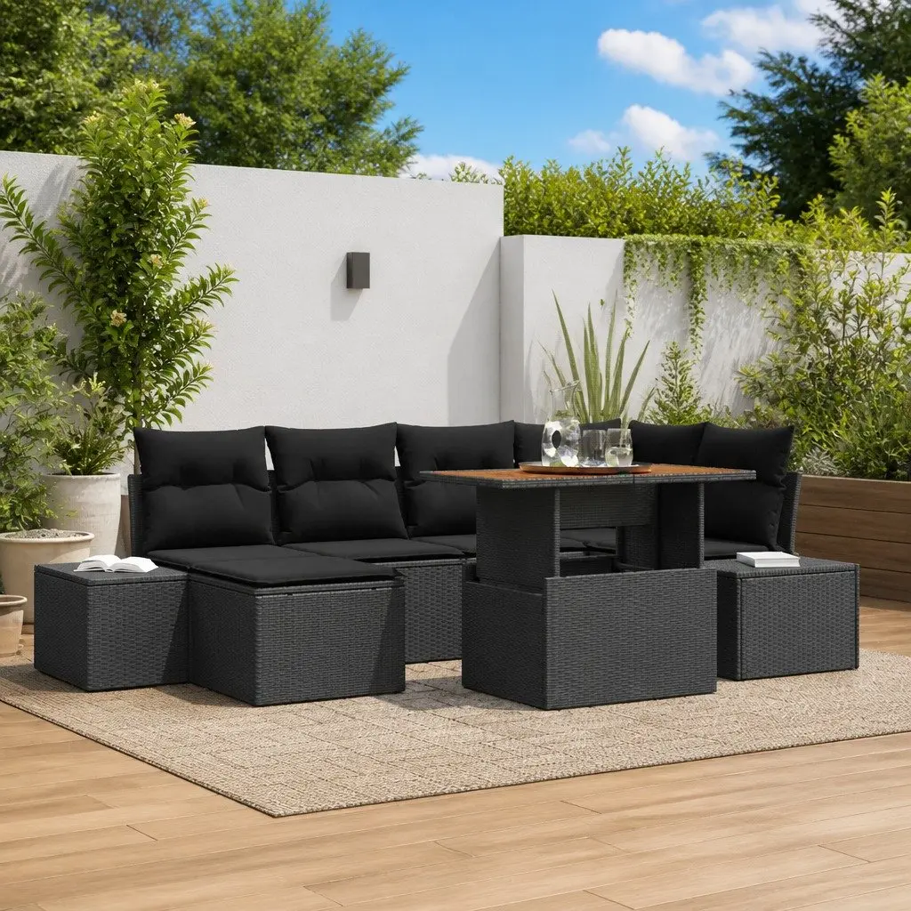 Modular Outdoor Garden Sofa Set 7 Pieces Black Rattan Patio Seating with Storage