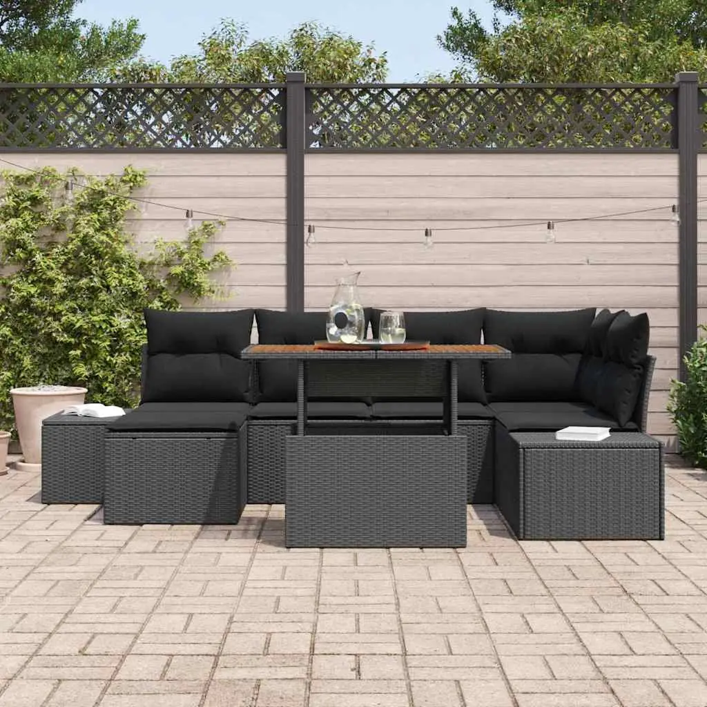 Modular Outdoor Garden Sofa Set 7 Pieces Black Rattan Patio Seating with Storage