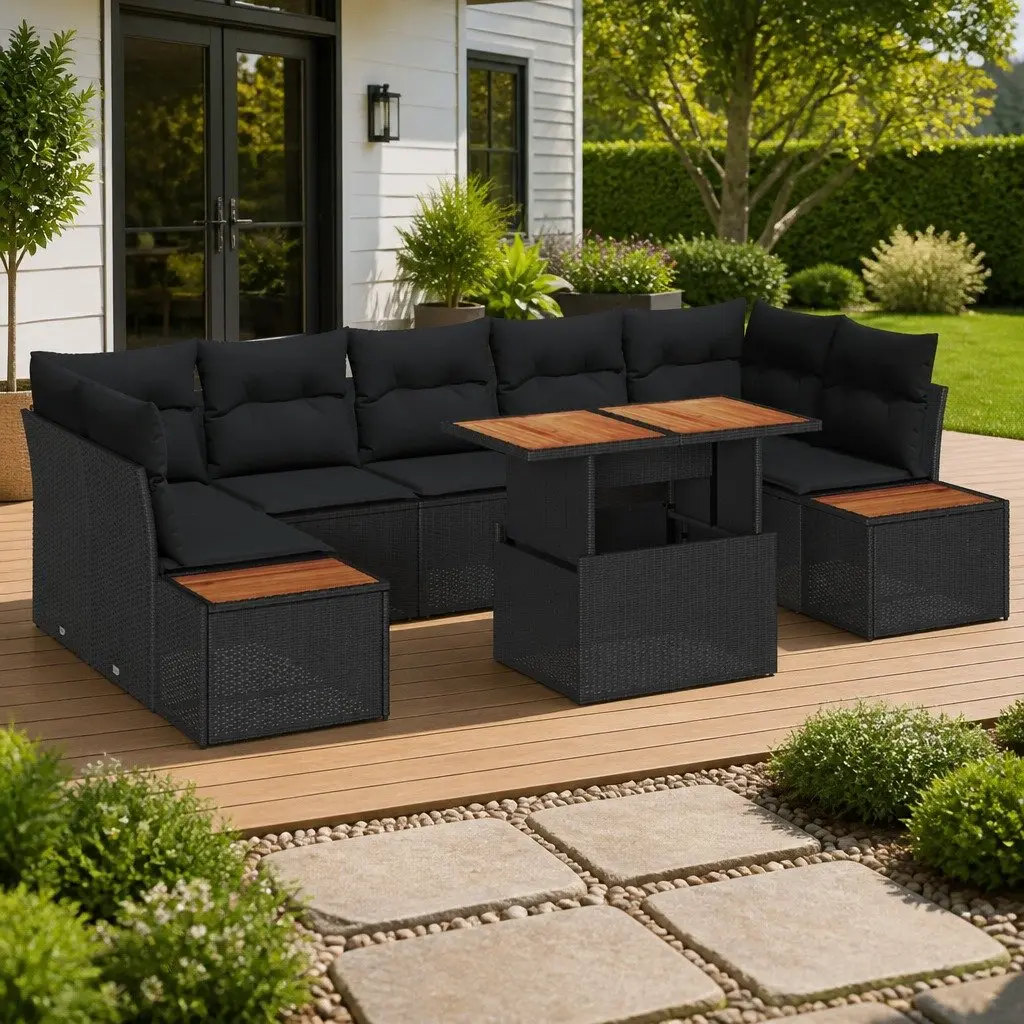 Outdoor Sofa Set 8 Pieces Garden Furniture Black Poly Rattan Modular Sectional