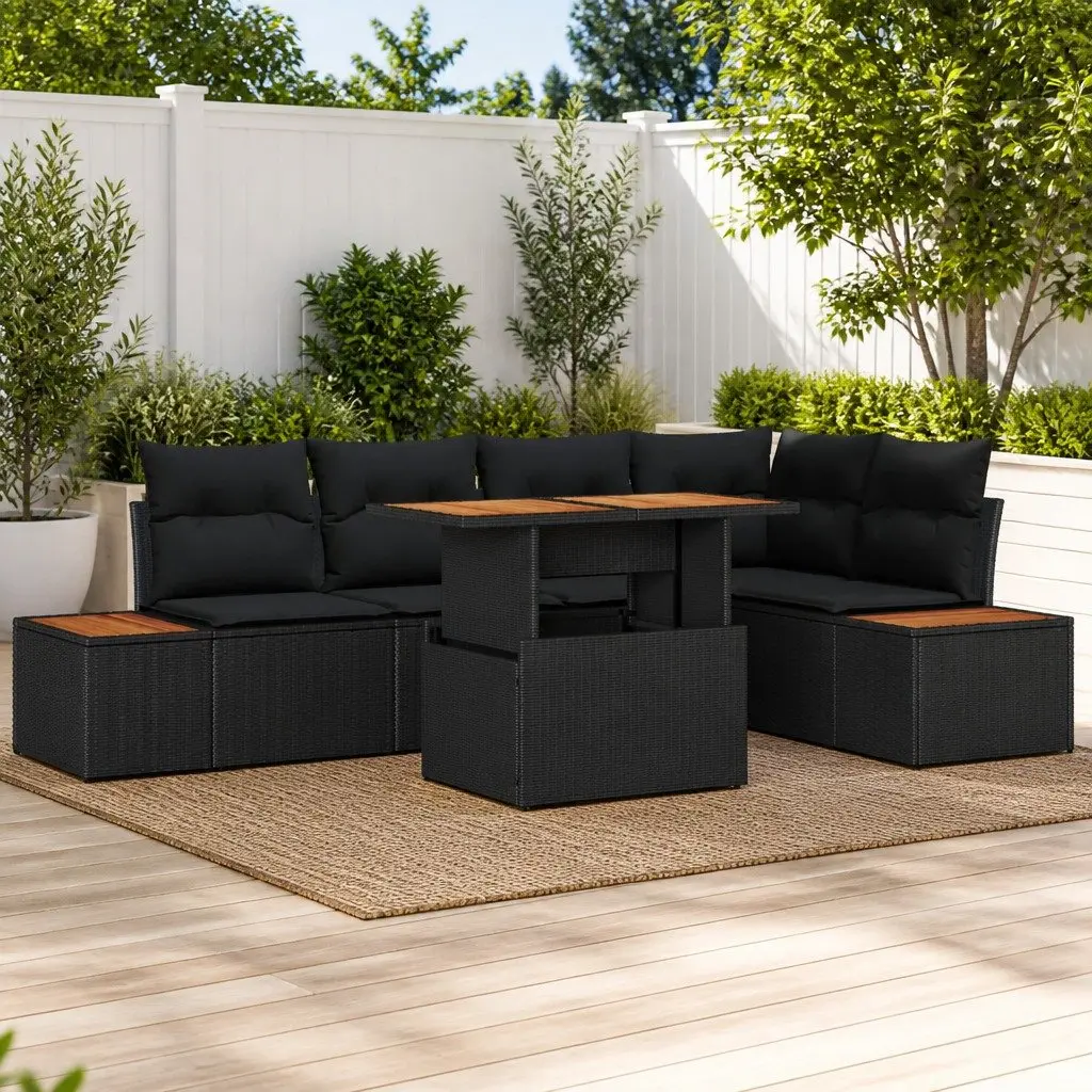 Modular Garden Sofa Set 6 Piece Outdoor Furniture Black Rattan Patio with Dining Table and Cushions