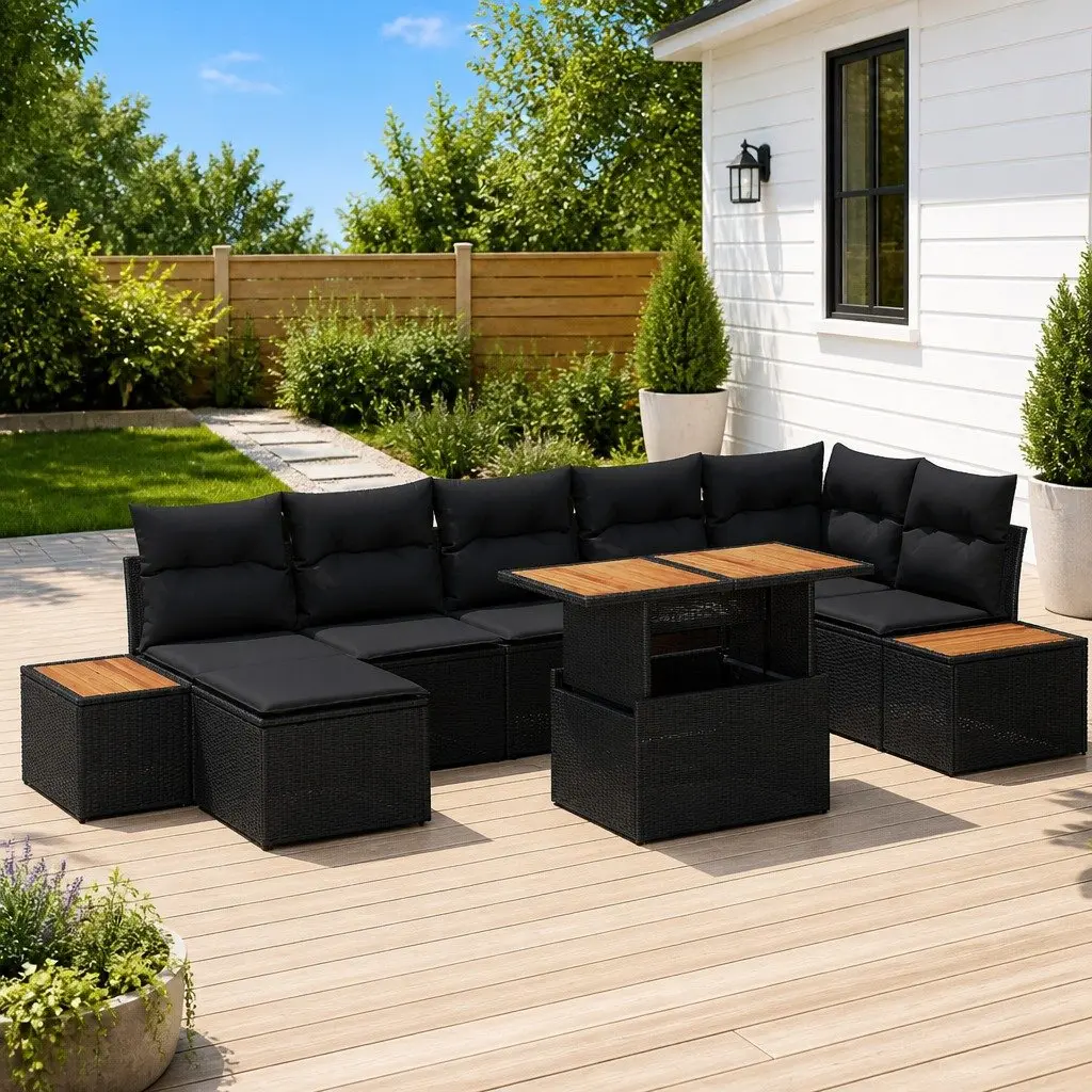 Modular Garden Sofa Set 8 Pieces Outdoor Seating Black Poly Rattan Acacia