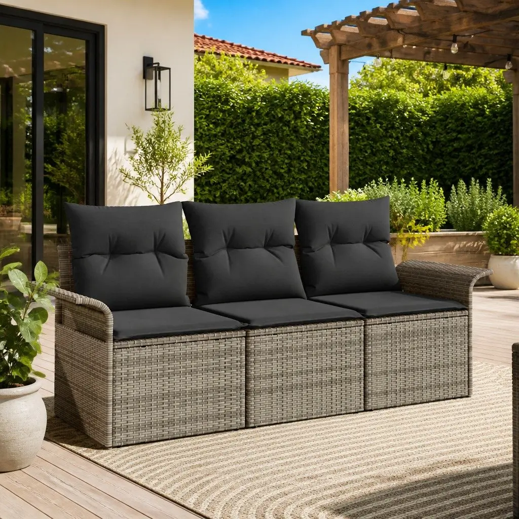 Garden Sofa Set Modular Outdoor Furniture 3 Piece Grey Poly Rattan