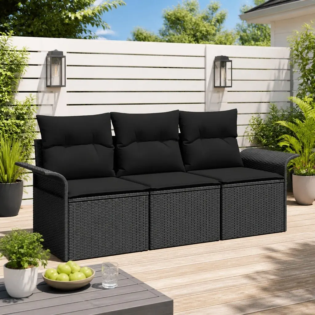 Garden Sofa Set 3 Piece Outdoor Furniture Black Poly Rattan with Cushions